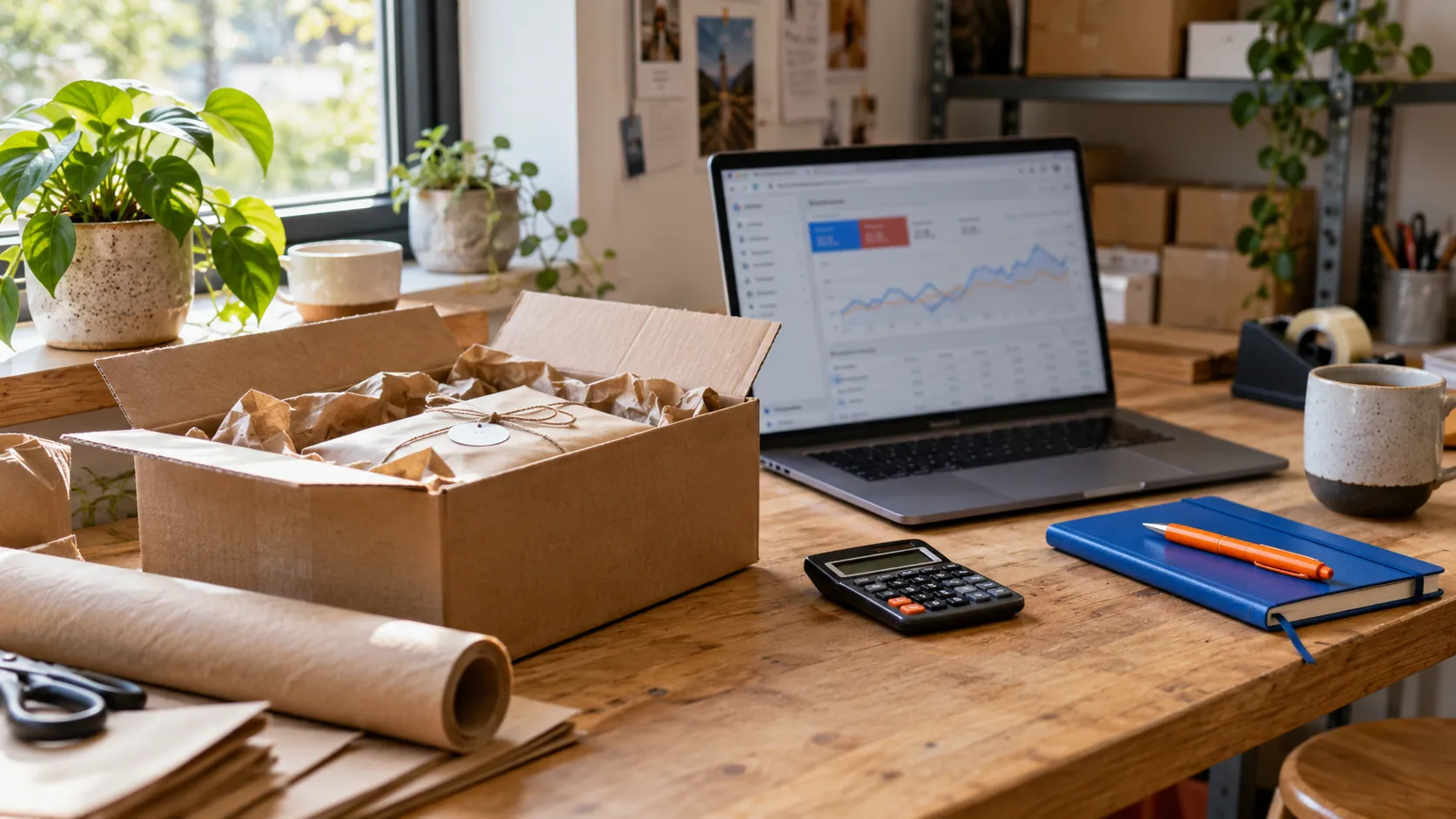 Small-business packing bench with a parcel, laptop, calculator and blue notebook