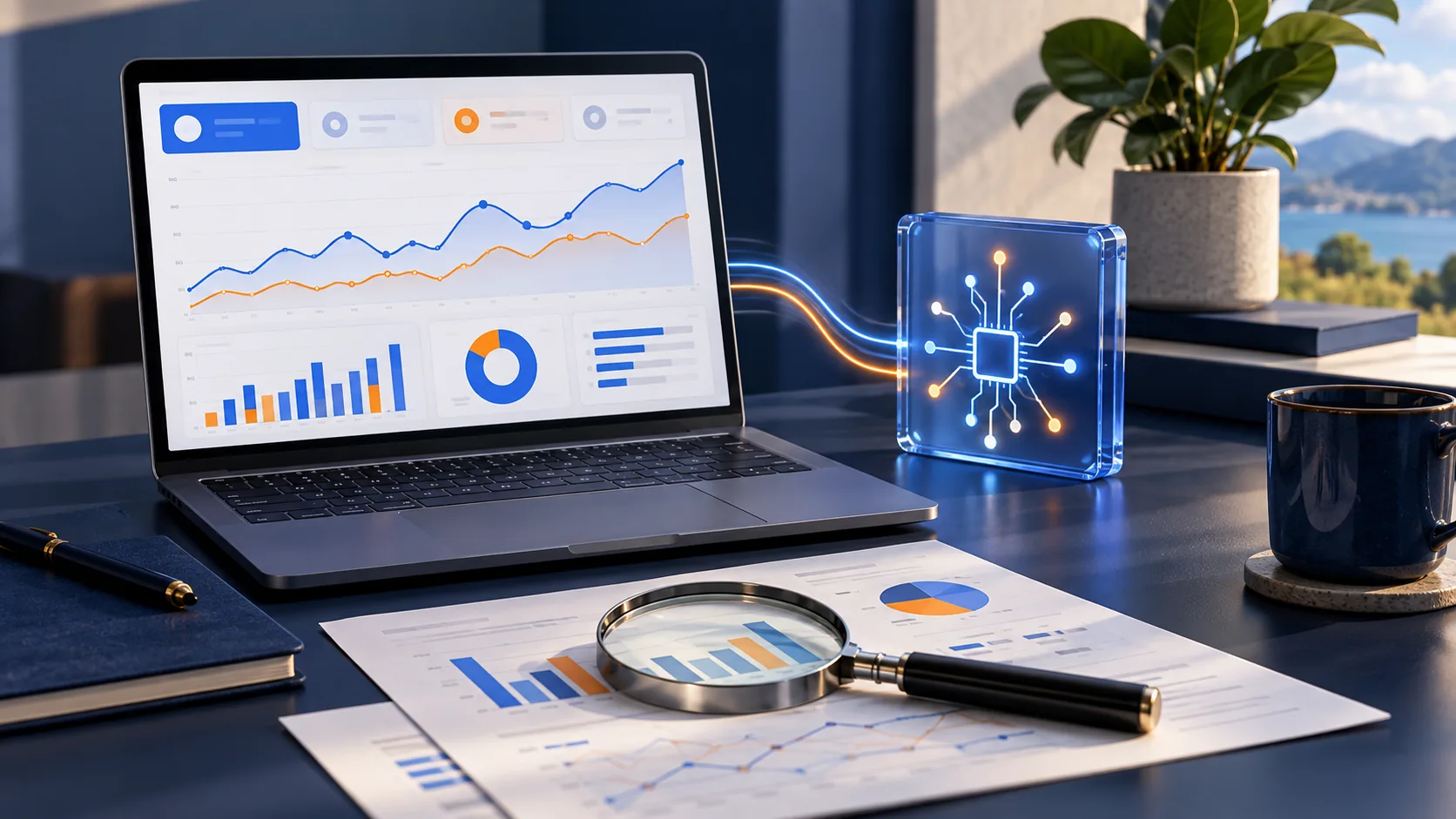 Analytics dashboard beside an illuminated AI processor and a magnifying glass over an audit report