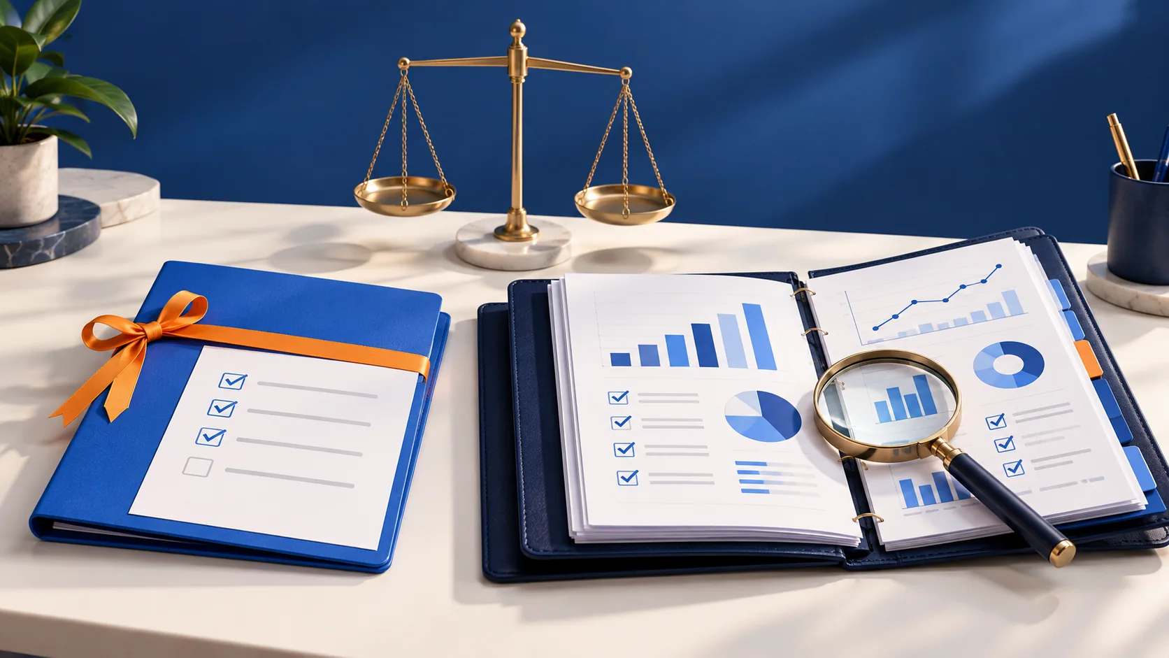 Gift-wrapped audit folder beside a detailed audit report and balance scales