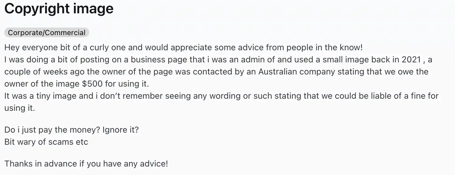 Reddit post from a business page admin asking for advice about a $500 image copyright demand