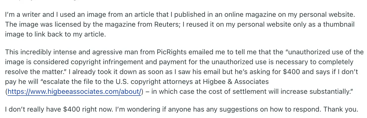Forum post from a writer who received a PicRights demand over a thumbnail image used to link to their own article