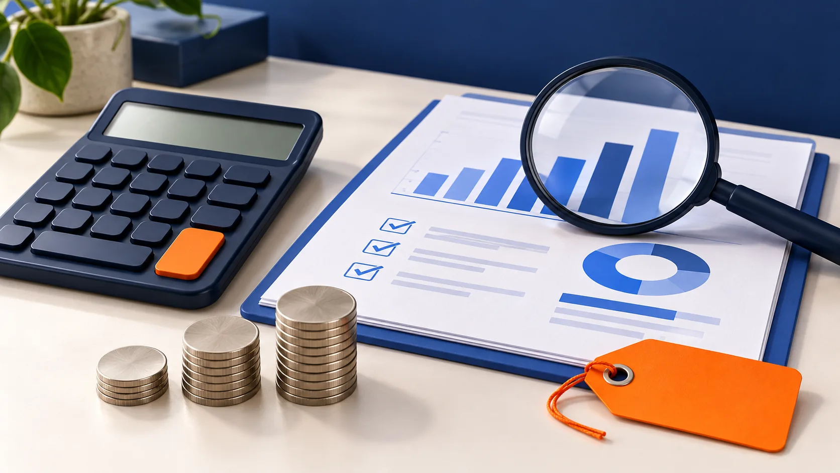 Calculator, coin stacks and an orange price tag beside an audit report and magnifying glass