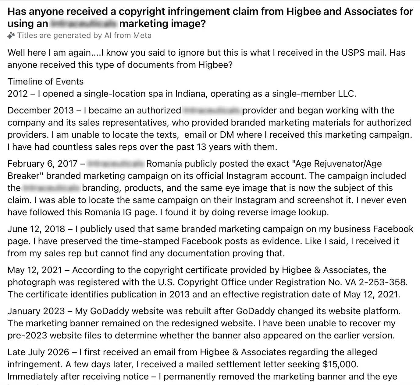 Support group post from a spa owner facing a $15,000 copyright demand over a supplier-provided marketing banner