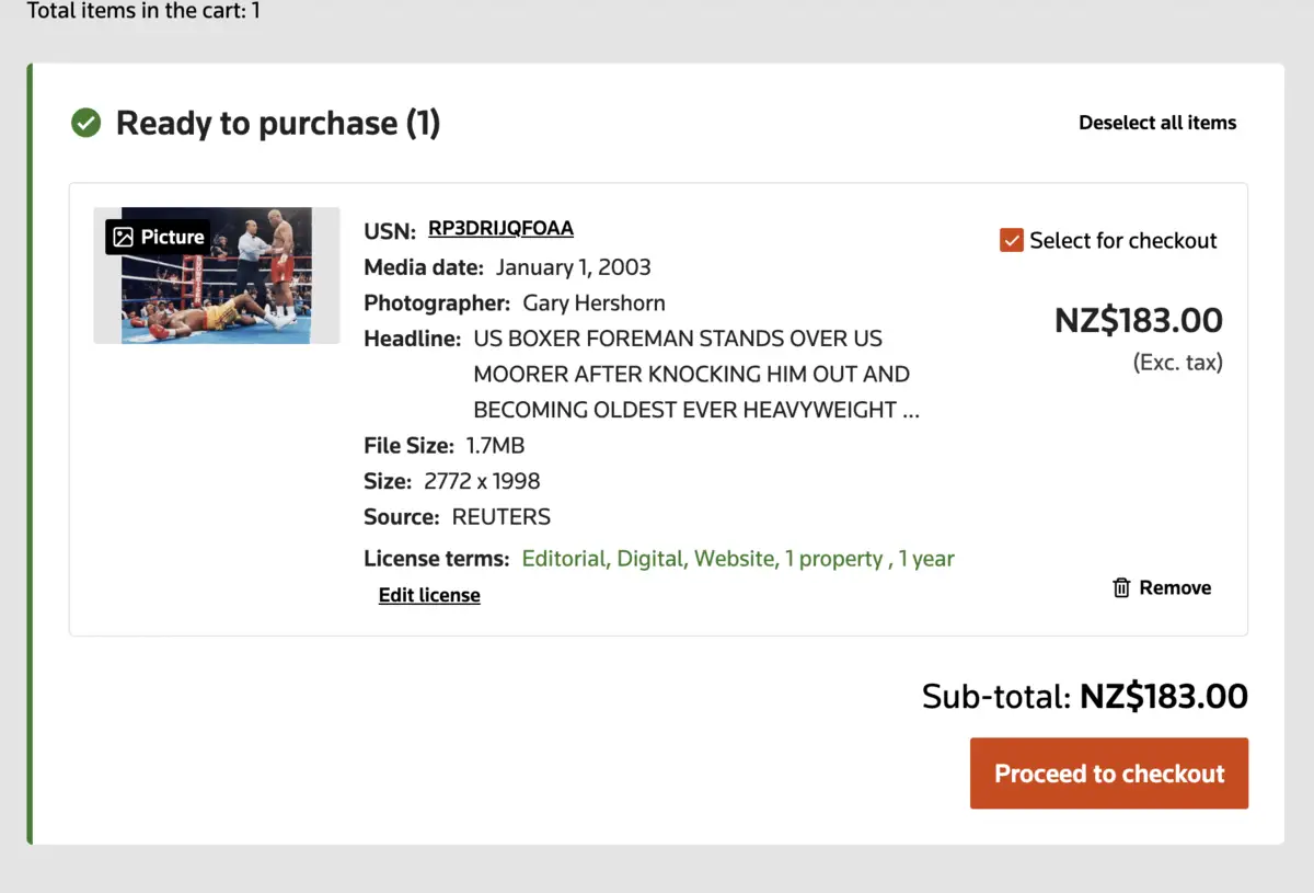 Reuters Connect pricing for an editorial website licence for the image