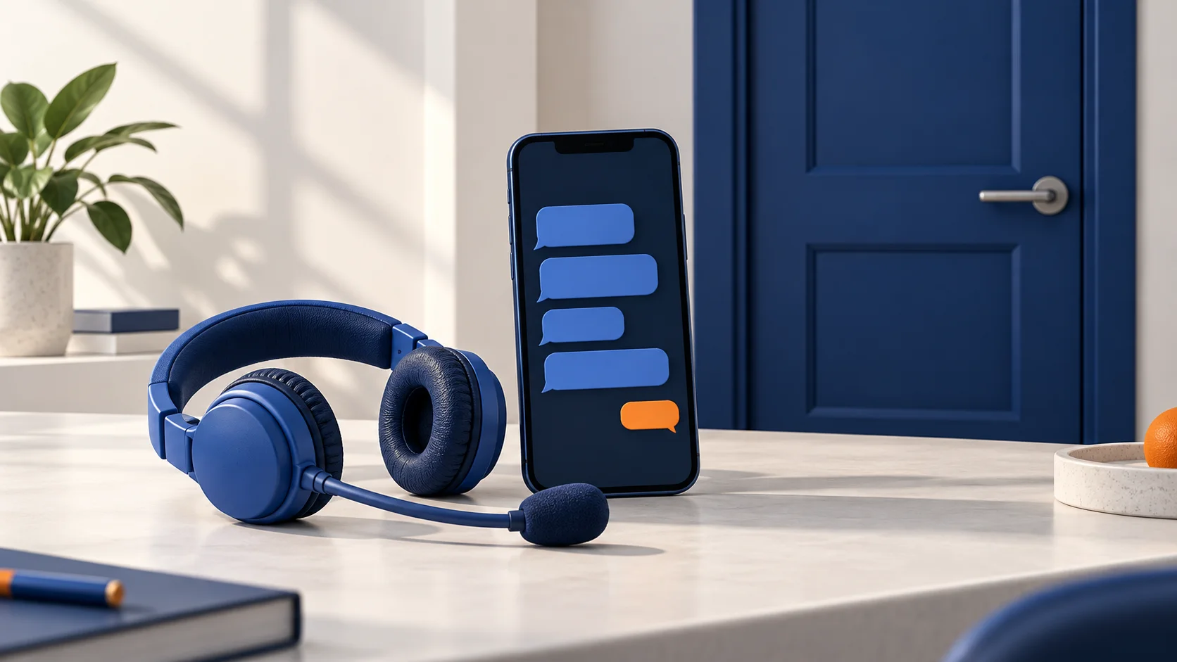 Unattended blue support headset beside a smartphone showing unanswered messages and a closed door