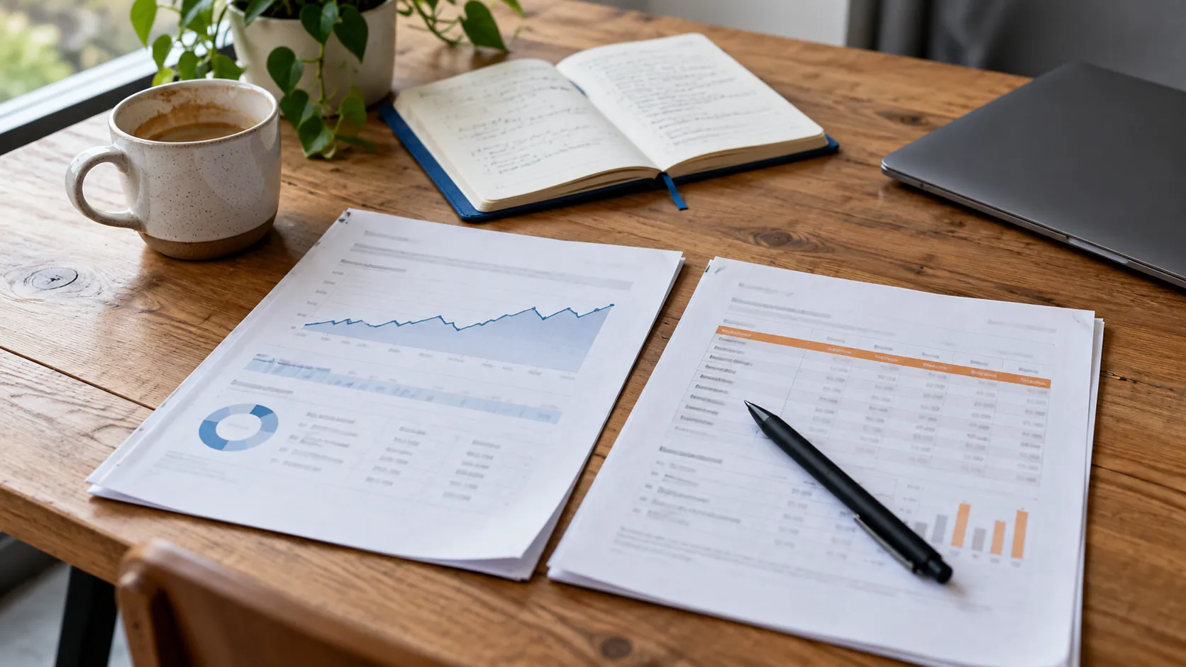 Two marketing reports being compared beside a notebook and closed laptop