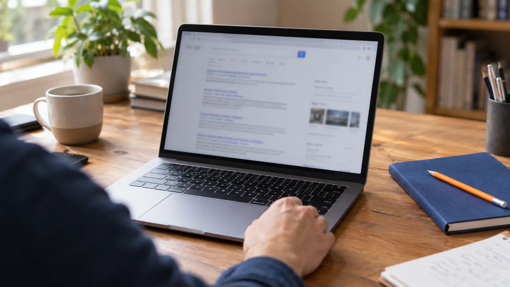 Business owner checking search results on a laptop beside a blue notebook