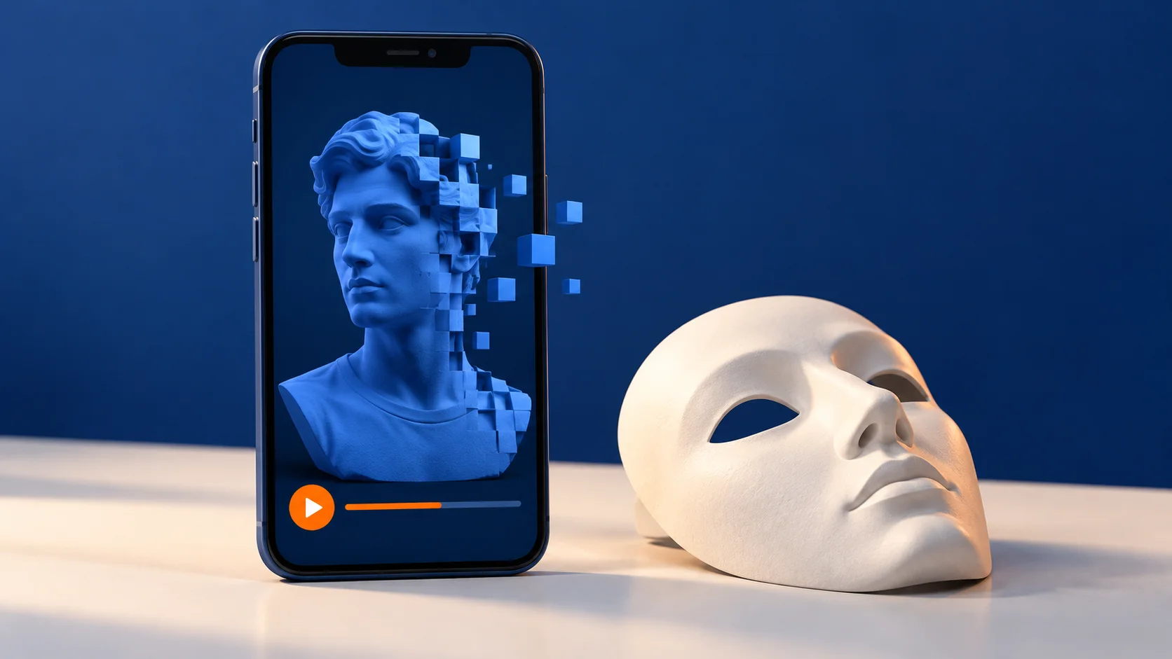 Blue digital bust dissolving into pixels on a smartphone beside a theatrical mask