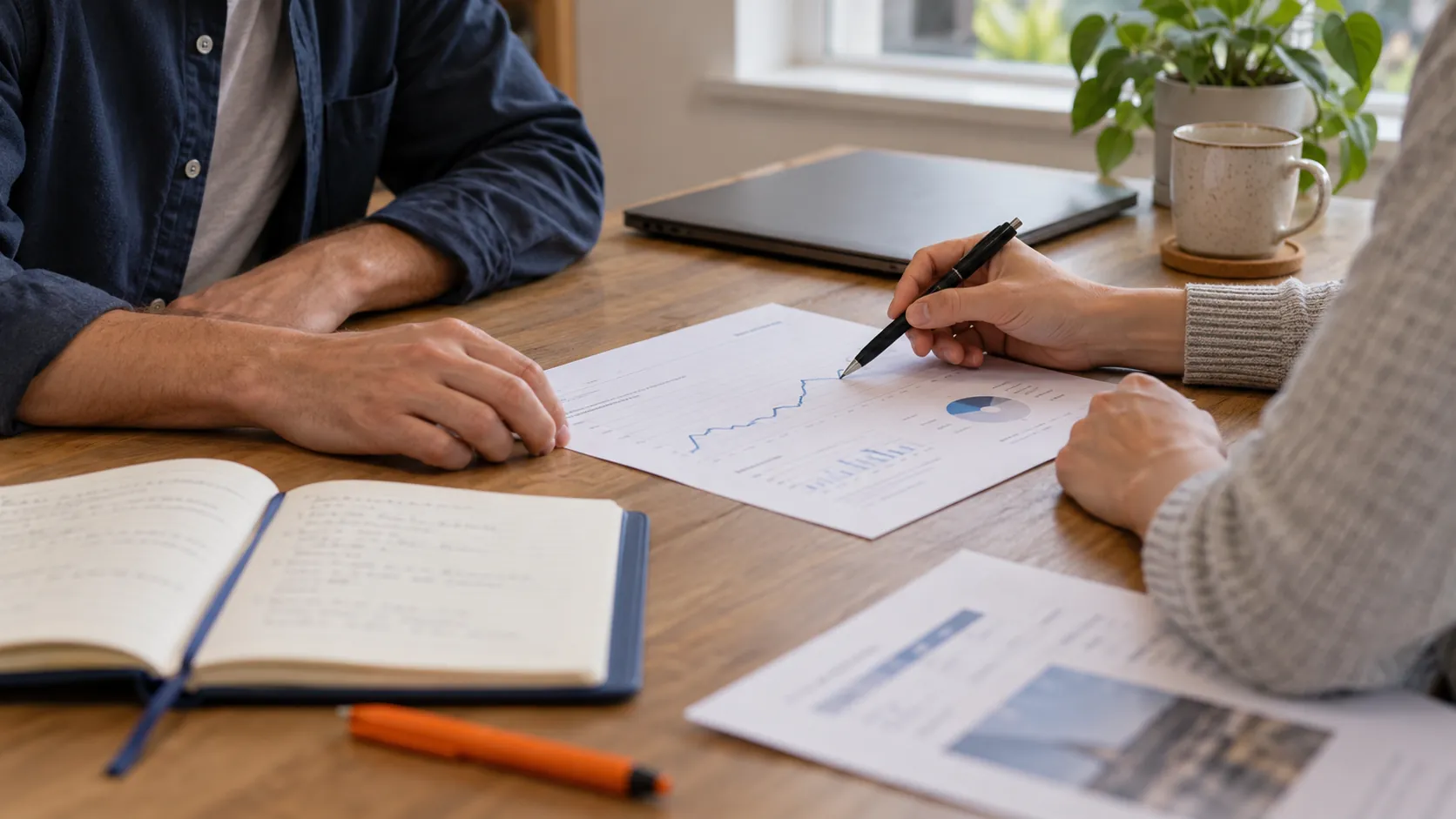 Two colleagues discussing a printed performance report at a meeting table