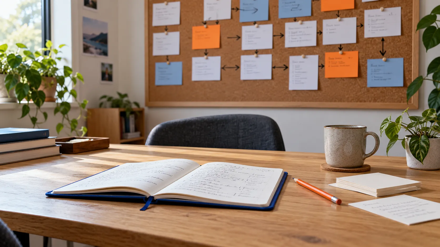 Planning board and open notebook in a sunlit office