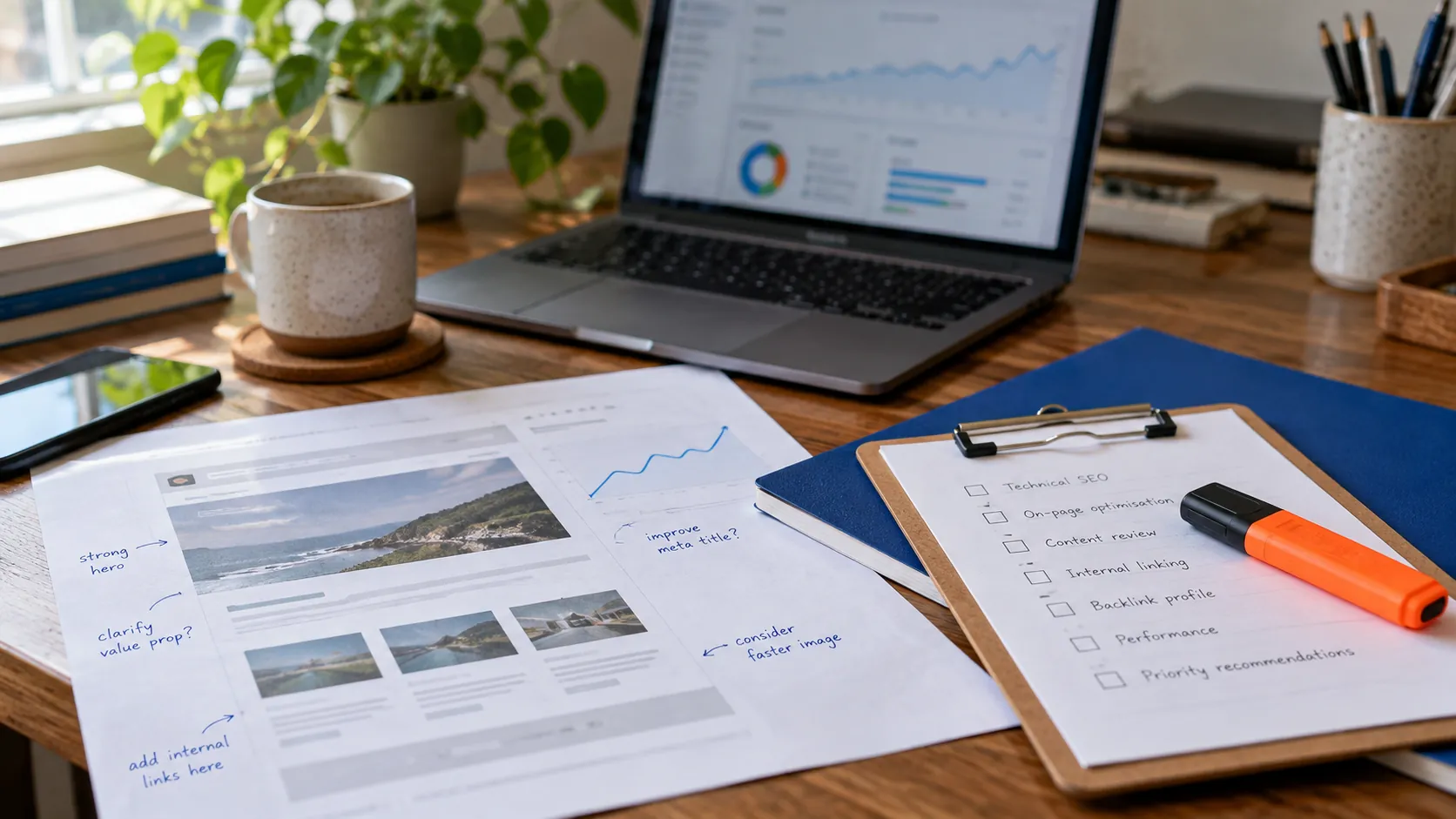 Annotated website printout, SEO checklist and laptop on an office desk