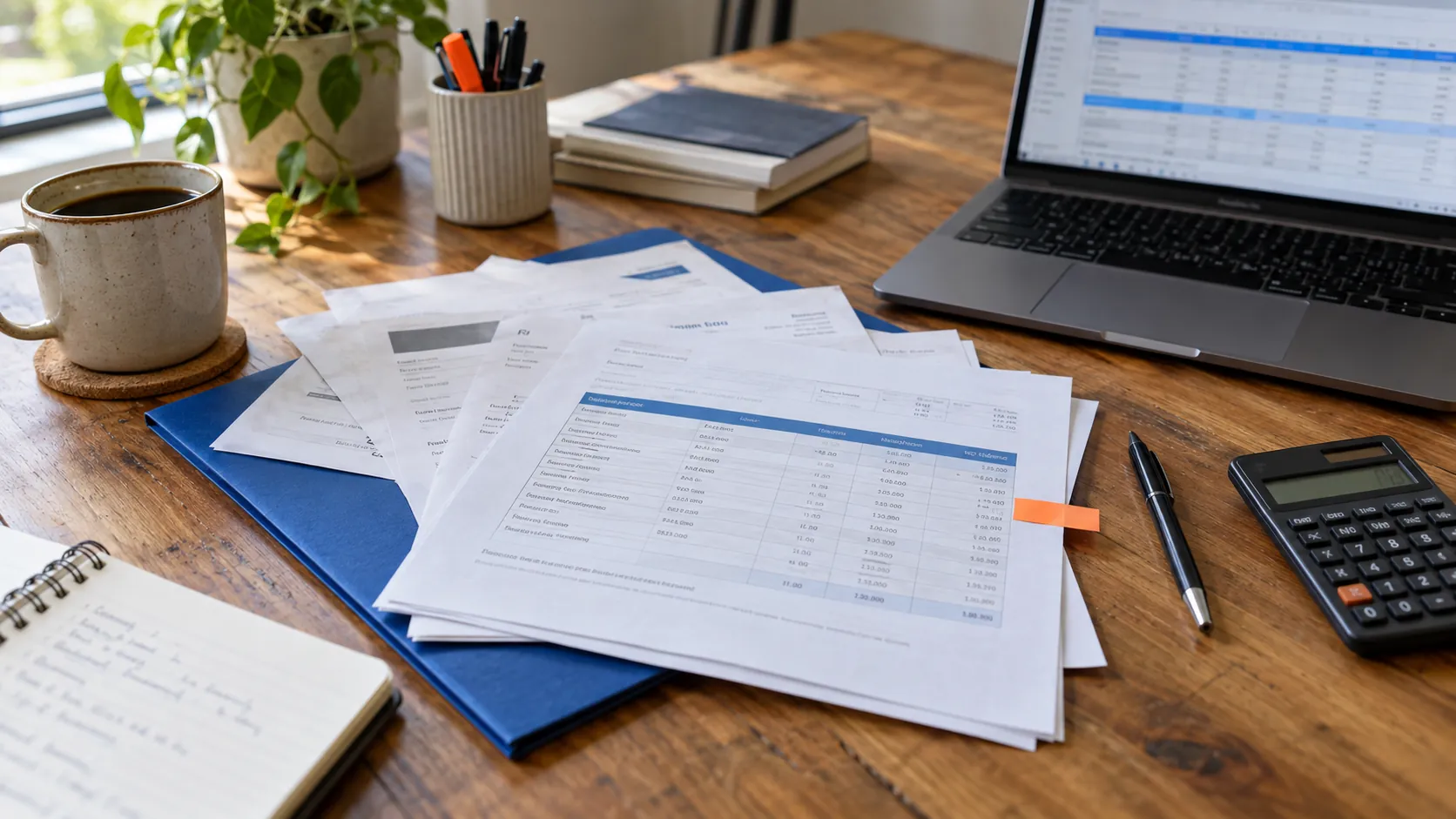Supplier invoices and software costs beside a laptop and calculator